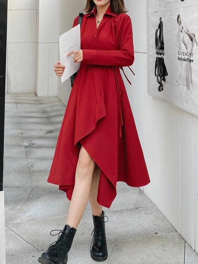 アシンメトリー ワンピース レディース ロングワンピース 長袖 ワンピース ロング丈 襟付きｖネック 長袖 袖あり無地 着痩せの通販はau Pay マーケット Prism One Au Pay マーケット店