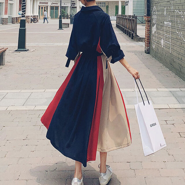 ワンピース 春 切り替え シャツネック ウエスト締め 一枚で視線を奪う 配色 Aライン ロングワンピース カラーライン おしゃれ ミモレ丈 の通販はau Pay マーケット Prism One Au Pay マーケット店