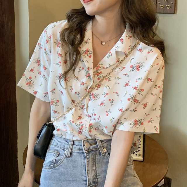 古着 開襟 ブラウス シャツレトロ オーバーサイズ 柄シャツ レディース 半袖 定番キャンバス