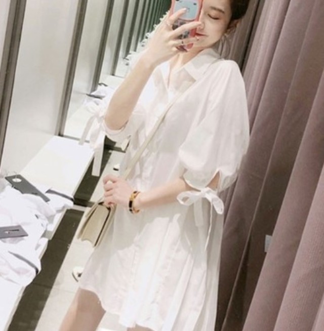 ワンピース バックプリーツ ワンピース 大きいサイズのレディースワンピース ミニ丈 袖リボン 襟付き カジュアル 韓国の通販はau Pay マーケット Prism One Au Pay マーケット店