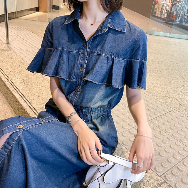 シャツワンピース ロング丈 半袖 大人かわいい 肩フリル ワンピース デニム 襟付き ウエストマーク カジュアル 春夏 きれいめの通販はau Pay マーケット Prism One Au Pay マーケット店