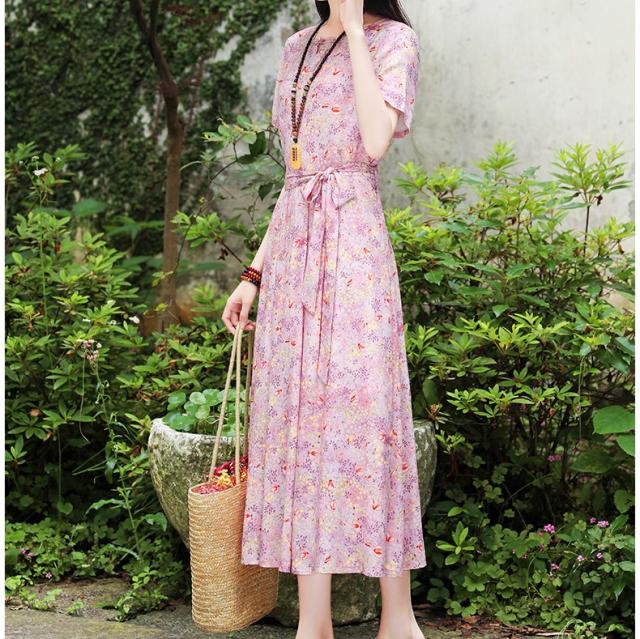 人気no 1 本体 カシュクールワンピースロング 半袖 マキシワンピース 花柄のワンピース リネン コットン マキシ丈 ラウンドネック きれいめ 新作 Carlavista Com