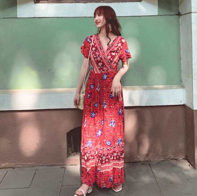 カシュクール ワンピ マキシワンピース 花柄 ロング ワンピース 大きいサイズ 半袖 綿 ボヘミアンｖネック エスニックプリント ゆったりの通販はau Pay マーケット Prism One Au Pay マーケット店
