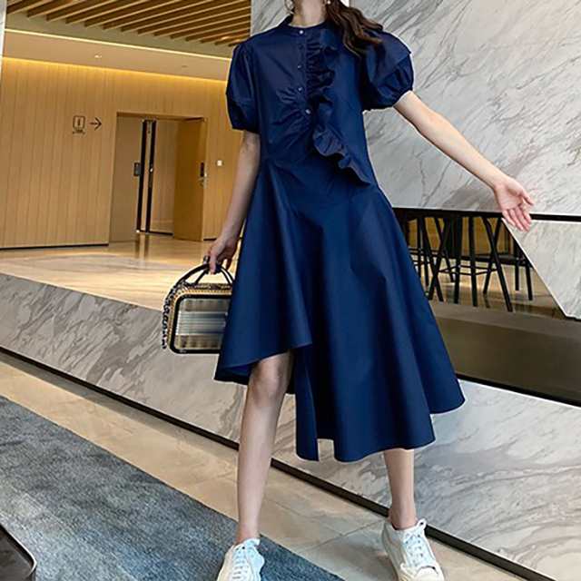 アシンメトリー ワンピース レディース ロングワンピース 半袖 クルーネック ボリューム袖 無地 ゆったり 大人可愛い 個性的 春夏 お出かの通販はau Pay マーケット Prism One Au Pay マーケット店