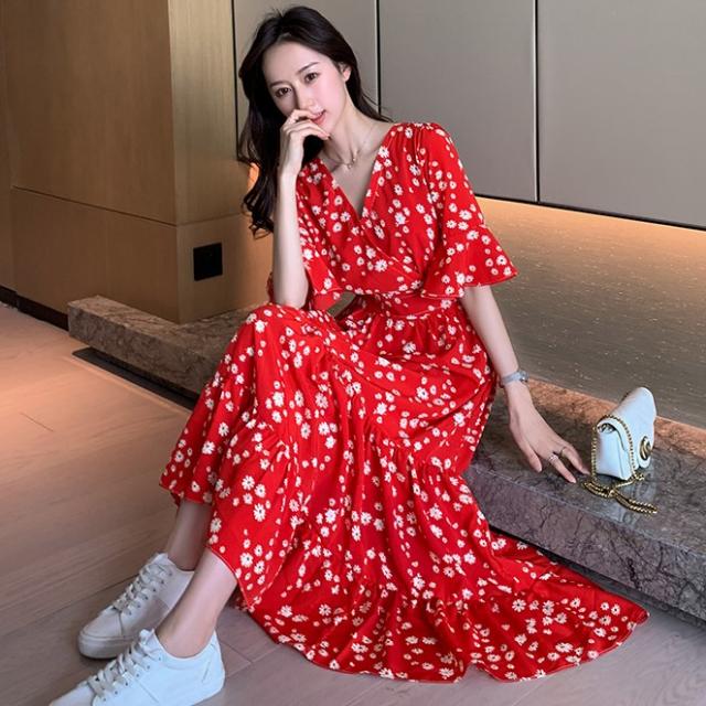 セール開催中 カシュクールワンピースロング 半袖 マキシワンピース 花柄のワンピース シフォンｖネック ゆったり 大きいサイズ 大人可愛いガーリー 上質で快適 Wjelaser Com