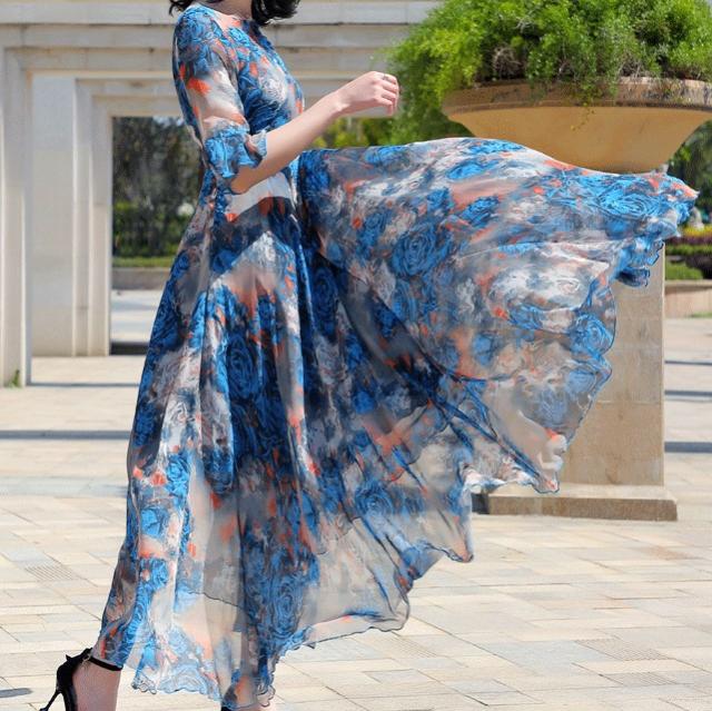 豪華 カシュクールワンピースロング 七分袖 マキシワンピース 花柄のワンピース 大きいサイズ ラウンドネック フリル袖 ボヘミアン 春夏 正規販売代理店 Elskaveda Com