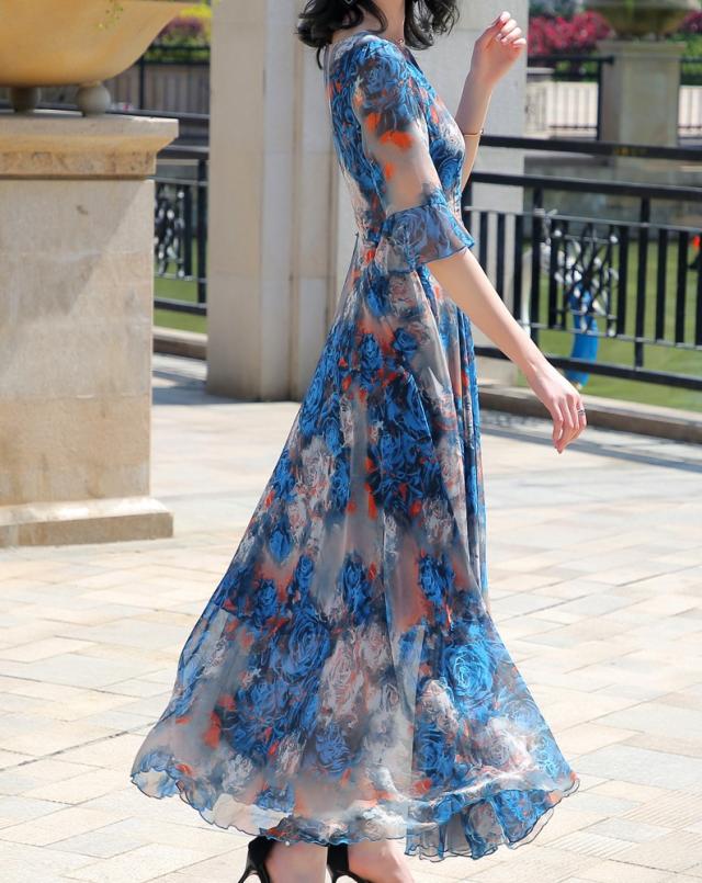 豪華 カシュクールワンピースロング 七分袖 マキシワンピース 花柄のワンピース 大きいサイズ ラウンドネック フリル袖 ボヘミアン 春夏 正規販売代理店 Elskaveda Com