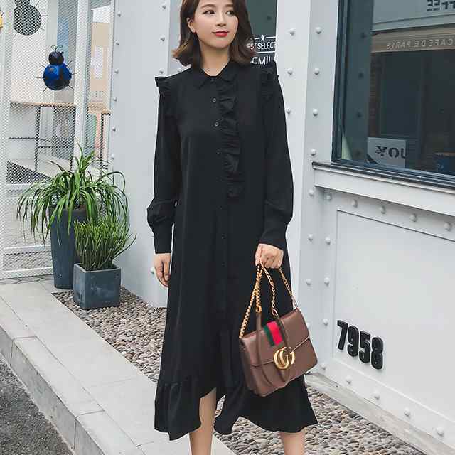 シャツワンピース ロング丈 長袖 大人かわいい 肩フリル ワンピース 襟付き 無地 アシンメトリー カジュアル 上品 黒 春秋の通販はau Pay マーケット Prism One Au Pay マーケット店