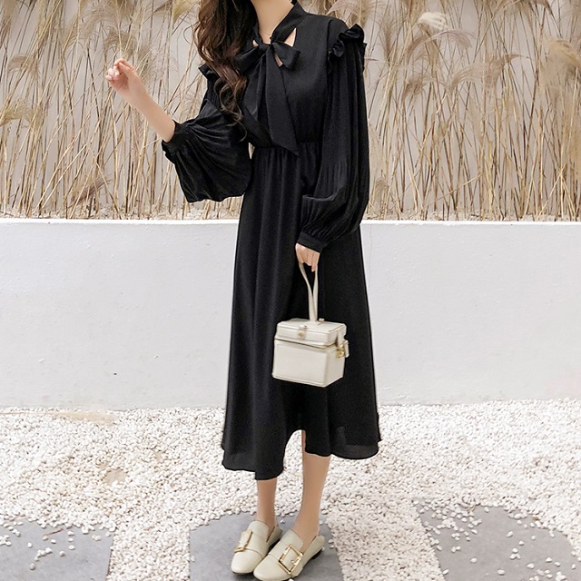 シャツワンピース ロング丈 長袖 大人かわいい 肩フリル ワンピース ボウタイ ボリューム袖 無地 フレア 秋冬 黒 エレガントの通販はau Pay マーケット Prism One Au Pay マーケット店