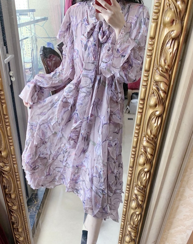 シャツワンピース ロング丈 長袖 大人かわいい 肩フリル ワンピース Vネック 袖フリル 花柄 ゆったり ボウタイ エレガントの通販はau Pay マーケット Prism One Au Pay マーケット店