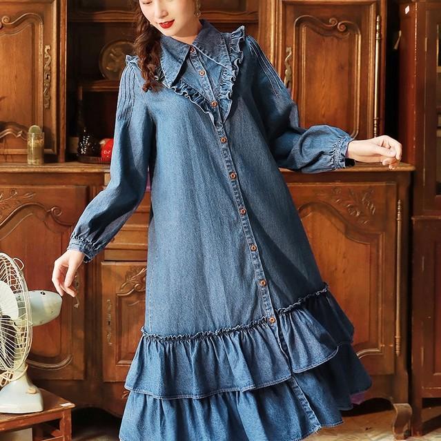 シャツワンピース ロング丈 長袖 大人かわいい 肩フリル ワンピース デニム レトロ スタンドカラー ボリューム袖 ゆったり レディースの通販はau Pay マーケット Prism One Au Pay マーケット店