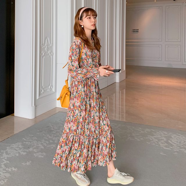 ロングワンピース 長袖 マキシワンピース 花柄のワンピース 春秋 レディース カシュクール フリル ラッフル ガーリー お出かけ カラフルの通販はau Pay マーケット Prism One Au Pay マーケット店