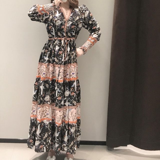 ロングワンピース 長袖 マキシワンピース 花柄のワンピース 春秋 レディース ｖネック カジュアル ウェスタン 休日 女子会 レトロの通販はau Pay マーケット Prism One Au Pay マーケット店