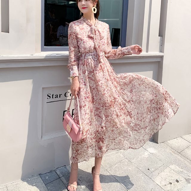 ロングワンピース 長袖 マキシワンピース 花柄の ワンピース パステルカラー 春秋 レディース リボンタイ ウェストマーク フェミニンの通販はau Pay マーケット Prism One Au Pay マーケット店