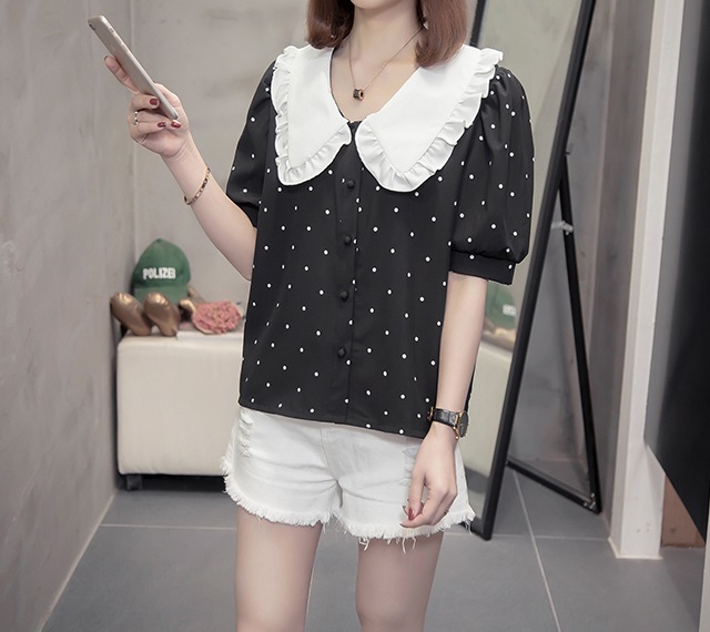 大きいサイズ フリル トップス レディース ブラウス Vネック 半袖 ドット 襟フリル ガーリー 春夏 レトロ モノトーン 黒 白の通販はau Pay マーケット Prism One Au Pay マーケット店