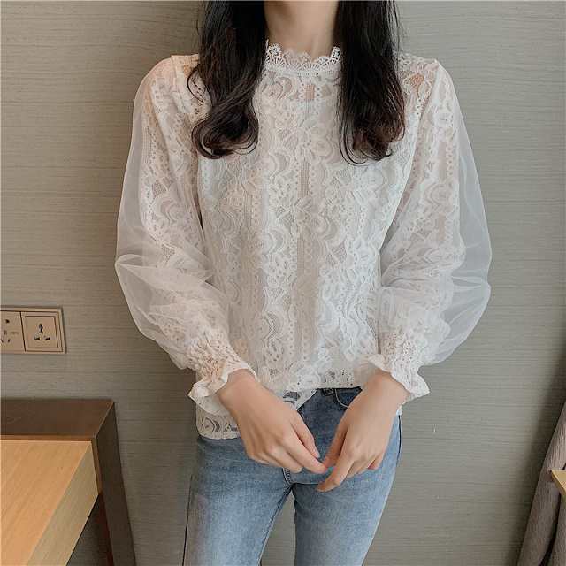 レース トップス 透け感 ゆったり 大きいサイズのレディーストップス ブラウス プチネック 長袖 パフスリーブ 白 春秋 秋冬の通販はau Pay マーケット Prism One Au Pay マーケット店