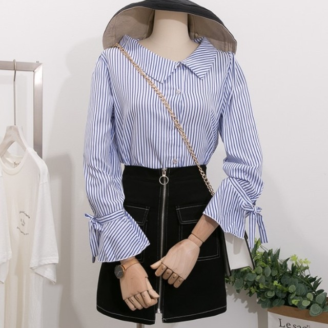 袖リボン ブラウス 長袖 春夏秋 レディース コットン ストライプ フレアスリーブ 襟付き カジュアル ガーリー コンパクト の通販はau Pay マーケット Prism One Au Pay マーケット店