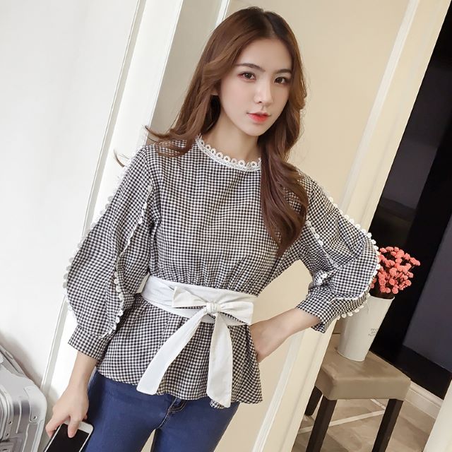 ウエストリボン トップス デートコーデ ウエストリボンブラウス ギンガムチェック 大人可愛い 通勤 ガーリー レディース 韓国の通販はau Pay マーケット Prism One Au Pay マーケット店