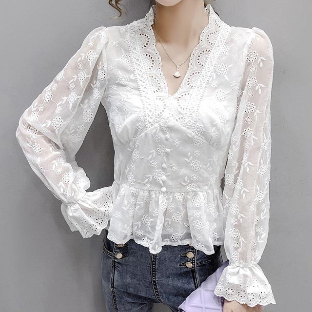 秋冬 レディース シースルー トップス レディース 花柄 レース 刺繍 ブラウス ｖネック 袖フリル ペプラム フェミニン 大人可愛い 韓国 の通販はau Pay マーケット Prism One Au Pay マーケット店