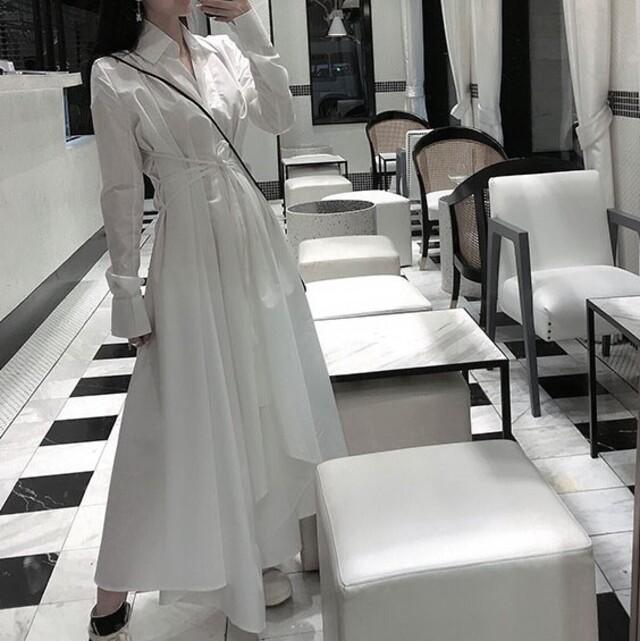 アシンメトリー ワンピース レディース ロングワンピース 長袖 シャツワンピース ロング丈 襟付き 長袖 袖あり 無地 着痩せ マーメイドの通販はau Pay マーケット Prism One Au Pay マーケット店