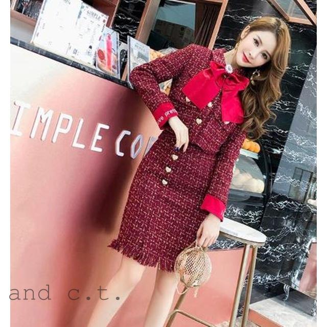 大きいリボンがかわいい ツイードスーツ 秋冬 レトロハイエンド ハートボタン 上下セット お出かけ フォーマルの通販はau Pay マーケット And C T Au Pay マーケット店