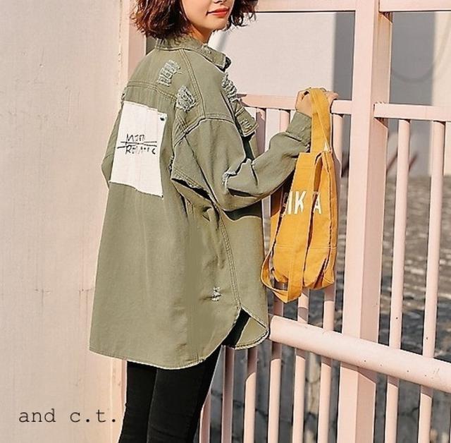 カジュアルバックプリント ゆったりダメージデニムシャツ オーバーサイズ 黒カーキ 長袖 無地 春秋冬 韓国の通販はau Pay マーケット And C T Au Pay マーケット店