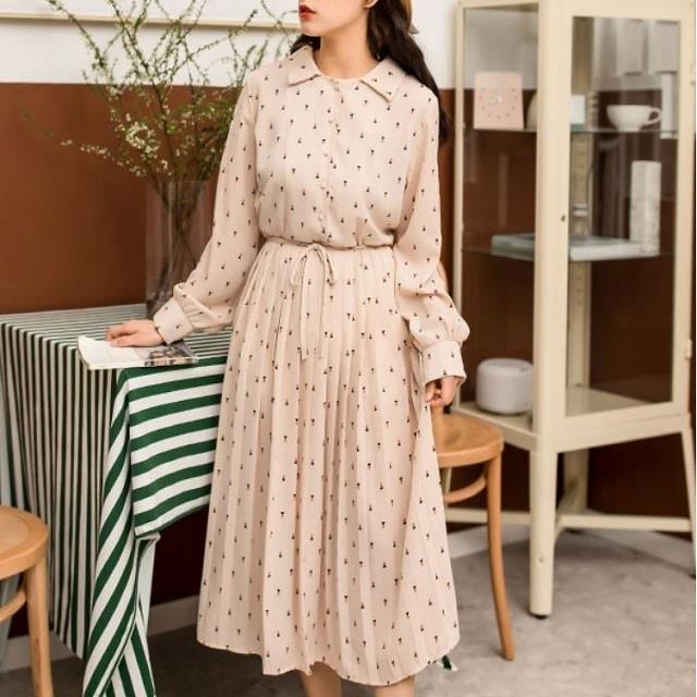 ワンピース 膝丈 プリーツ シフォン 長袖 清楚 ガーリー フェミニン 定番 人気 春物の通販はau Wowma ショップワラー