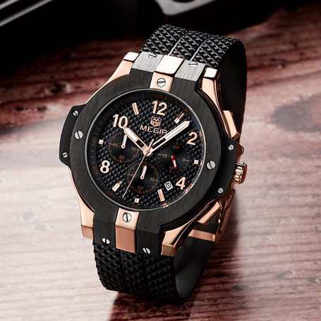 Megir アナログ クロノグラフ メンズ 腕時計 黒金 ブラック ゴールド クウォーツ フォールディングバックル Cyya126の通販はau Pay マーケット 紅商店