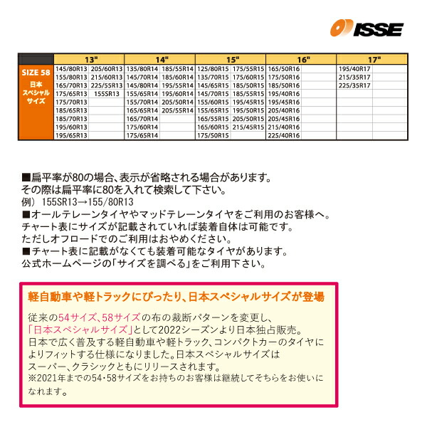 日本正規2022年改良モデル ISSE スノーソックス タイヤチェーン 非金属 布製 サイズ58 CLASSIC クラシック 145/80R13 155/80R13 155R13 155/65R14 165/65R14 165/70R14 175/65R14 165/55R15 165/50R16 軽自動車 普通車_1