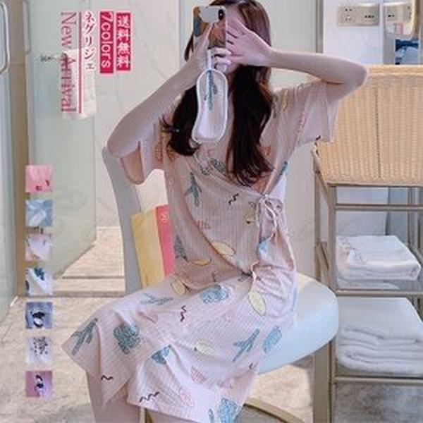 ネグリジェ 新品 レディース パジャマ 浴衣風 柄 プリント ワンピース 前開き 半袖 夏 ロング ガウン 綿 ナイトウェア 部屋着 ルームウェの通販はau Pay マーケット エイトナイト