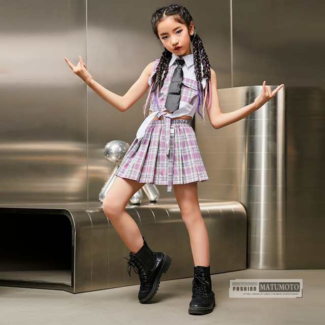 ファッションの通販 キッズダンス衣装 ヒップホップ 女の子 チェック柄 HIPHOP 子供服 トップス スカート チアガール ジャズダンス 学院風  応援団 練習着 体