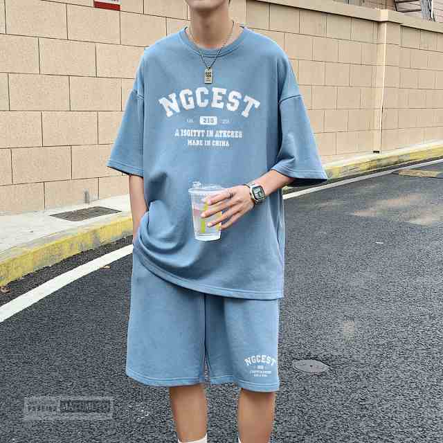 半袖 Tシャツ メンズ 綿麻 ストリート ジャージ上下セット カジュアル