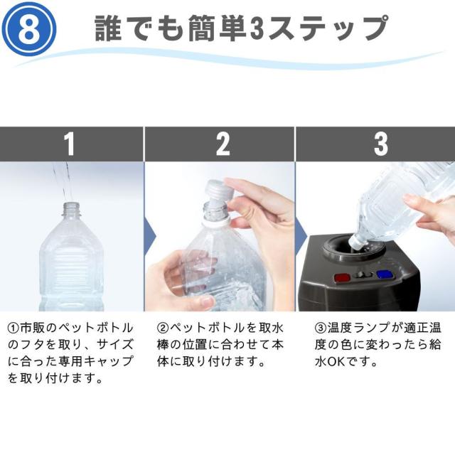 BLIST SY-108N ペットボトル対応 温冷 コンパクト 卓上 ウォーターサーバー ペットボトル ボトル 水道水 本体 スタンド 水 ラックガラス 紙コップ 温水 冷水 天然水 2L 2リットル 一人暮らし 給水 SY-108N-WH SY-108N-CG 家庭 冷水器 温水器_15