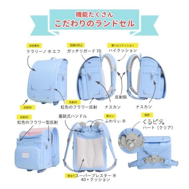 ランドセル くるピタ ふわりぃ ゆめいろガーデン 1kk5654k 2027 日本製 クラリーノ 軽い 超ピカ 軽量 女の子 ハート 花 A4フラットファイル対応 安全 人気 かわいい おしゃれ ミント ブルー パープル 青 水色 紫 パステル調 6年保証_4
