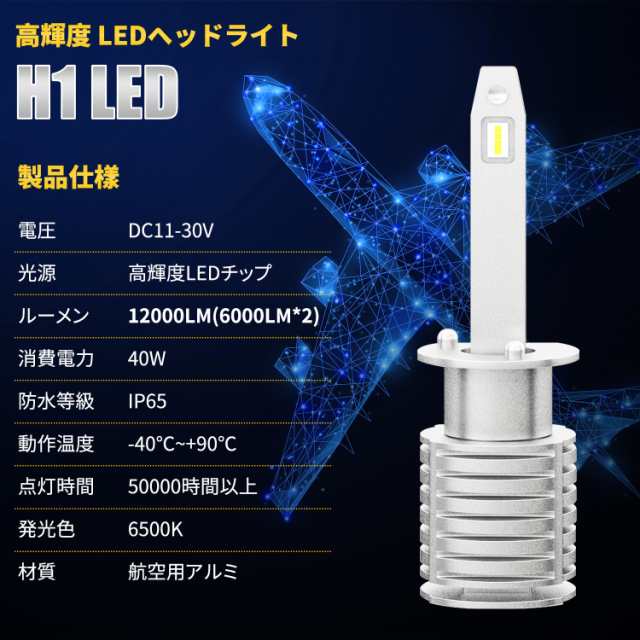 LEDヘッドライト H1 Hi/Lo 切り替え 40W 12000LM 超高輝度 6500K LED