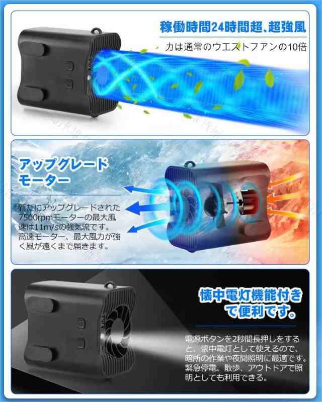 ベルトファン 携帯扇風機12000mAh 腰掛け扇風機 USB 充電 熱中症対策