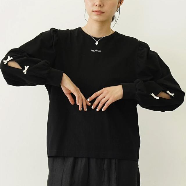 「 MILKFED. ミルクフェド 」 RIBBON L/S TOP リボン カットソー トップス 103251013001 / MILKFED.　ミルクフェド Tシャツ ロンT 長袖Tシャツ リボン パフスリーブ / MILKFED. ミルクフェド 」 RIBBON L/S TOP リボン カットソー トップス