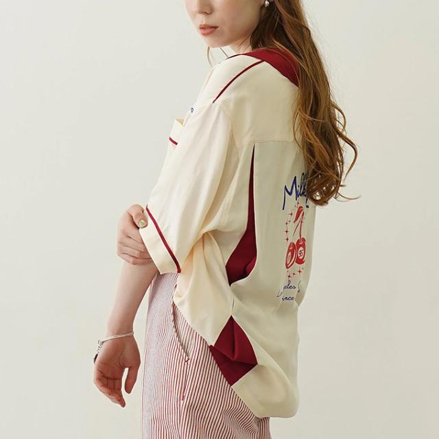 ミルクフェド MILKFED. CHERRIES BOWLING SHIRTS チェリー ボーリングシャツ 開襟 半袖 バックロゴ 大人 人気 レディース ブランド 正規 MILKFED. ミルクフェド CHERRIES BOWLING SHIRTS チェリー