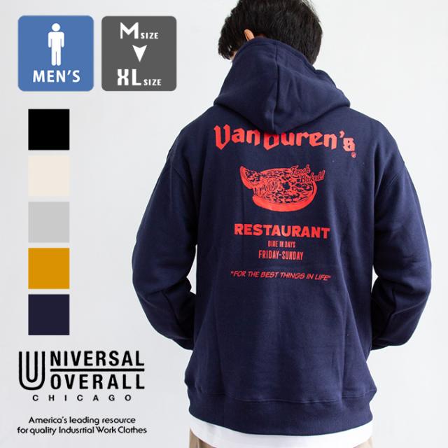 【SALE!!】 「 UNIVERSAL OVERALL ユニバーサルオーバーオール 」 SWEAT HOODIE PIZZA ピザ ロゴ プリント スウェット パーカー U2333214-A / パーカー フーディー プルオーバー スウェット 長袖 裏起毛 ゆったり リラックスフィット ユニセックス 2023AW ※