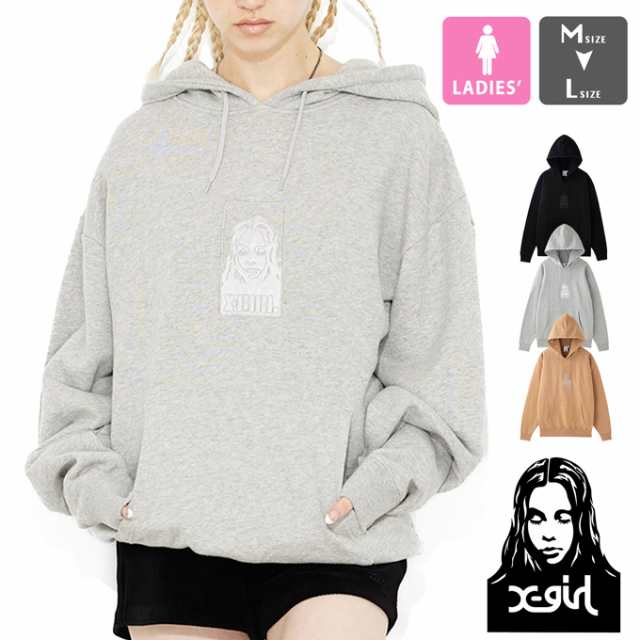 「 X-girl エックスガール 」 SATIN PATCH SWEAT HOODIE BOX型 サテンワッペン フェイスロゴ スウェットパーカー 105223012004 / x-girl