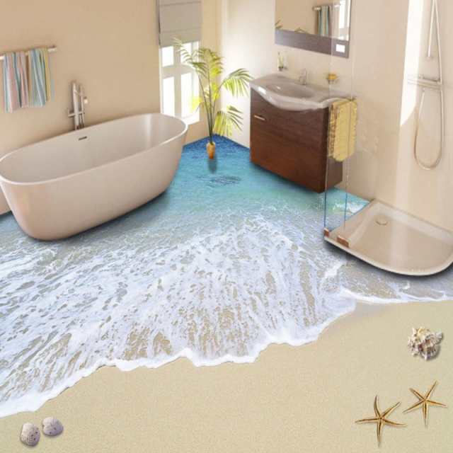 3d 壁紙 浴室用 床用 1ピース 1平方m 海 ビーチ 貝がら インテリア