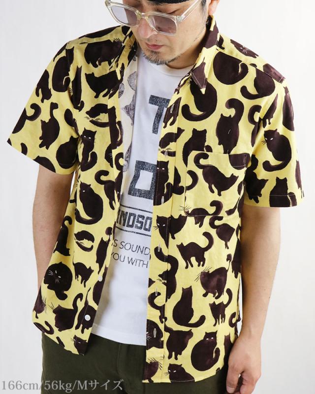 CIAO チャオ 日本製 黒猫柄 半袖シャツ メンズ  動物柄 シャツ カジュアルシャツの通販は