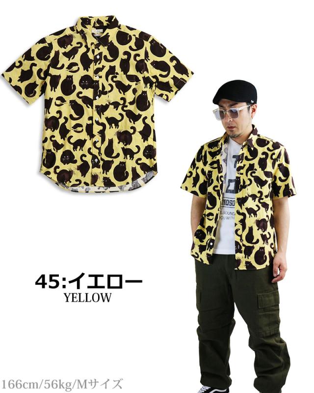 CIAO チャオ 日本製 黒猫柄 半袖シャツ メンズ  動物柄 シャツ カジュアルシャツの通販は