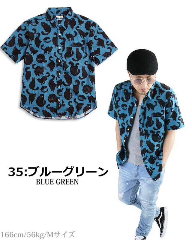 CIAO チャオ 日本製 黒猫柄 半袖シャツ メンズ  動物柄 シャツ カジュアルシャツの通販は
