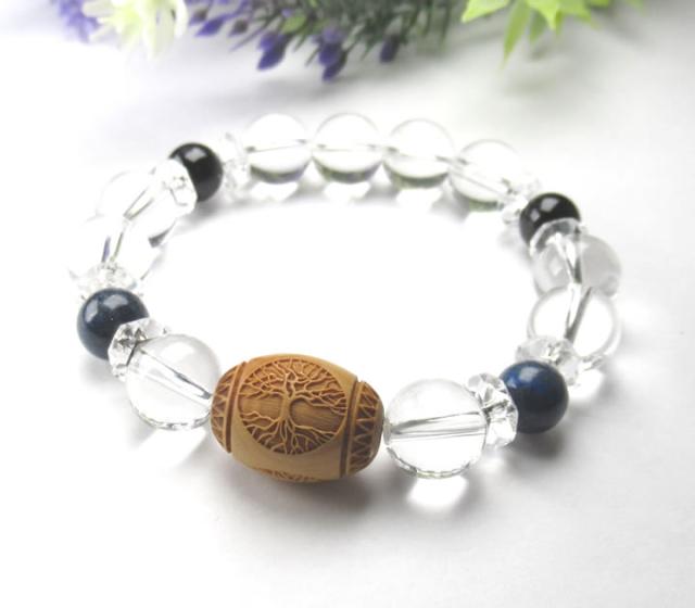 ツリーオブライフ ツゲ 柘植18mm 樽型 ビーズ ブレスレット クォーツ ブラックトルマリン ラピスラズリ 神聖幾何学図形　B1fol002 の通販は 6,800円