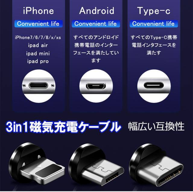 充電ケーブル マグネット式 3in1 360度 流れるledライト マグネットケーブル ライトニング Type C Micro Usb アイフォン Android 1本3役の通販はau Pay マーケット Kuristore