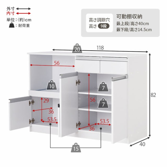 送料無料 収納力に優れた キッチンカウンター幅１１８ｃｍ レンジ台