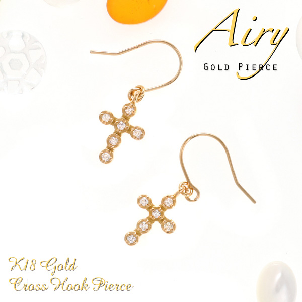 K18 フックピアス クロス 十字架 ダイヤモンド dia シンプル 18金 18K イエローゴールド ピアス フォーマル カジュアル 小さい レディーの通販は