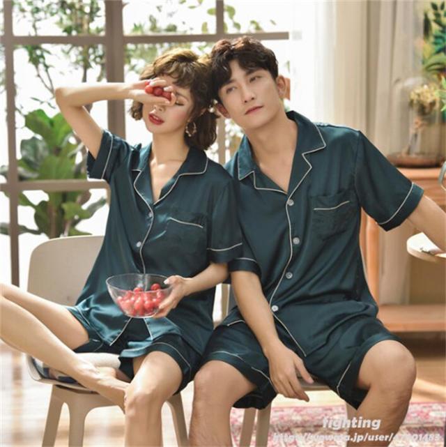 ペアパジャマ カップルパジャマ レディース メンズ ルームウェア 可愛い パジャマ 前開き フェイクシルク 男女上下セット シャツ 部屋着 の通販はau Pay マーケット Fighting