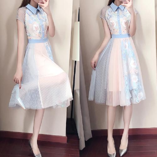 パーティードレス 結婚式 二次会 ワンピース 大きいサイズ ワンピース ドレス シフォン 花柄 半袖 シースルー フレア 襟付き パステルカラー ひざ丈 パーティー レディースファッション お呼ばれ ガーリー 大人可愛い 秋のワンピース ロマ